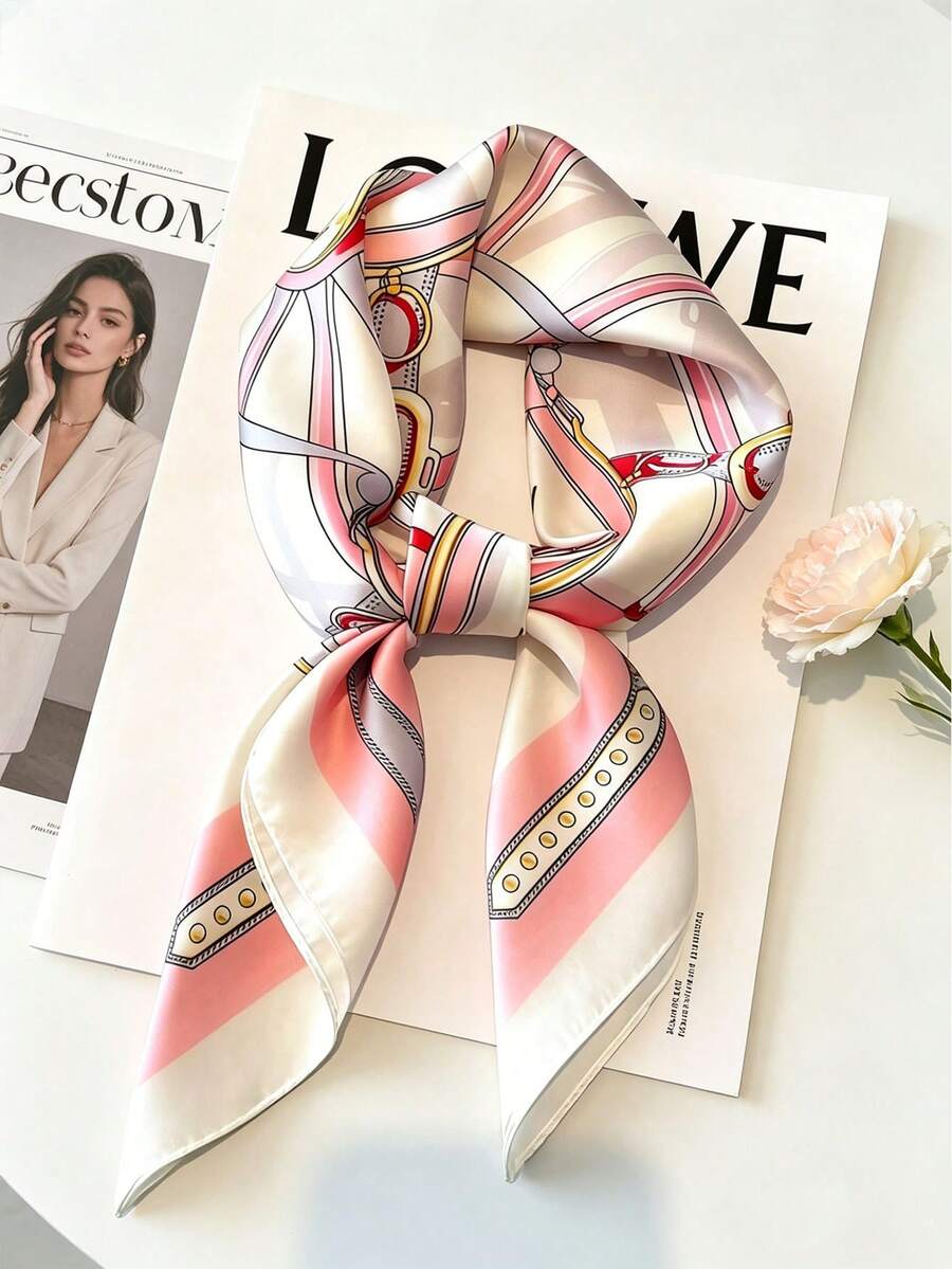 1pc Women's Luxury Chain Print Square Scarf, Versatile For Spring Daily Wear - Multicolor - View 1