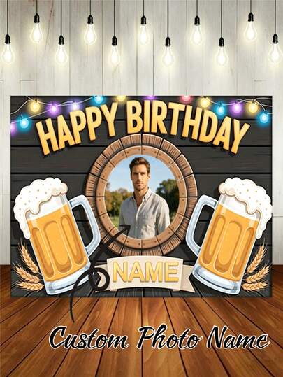 1pc Customizable Name Vintage Wood Grain Beer Theme Happy Birthday Backdrop Banner, Dark Wood Board With Fairy Lights, Beer Foam Cup And Wheat Decoration, Suitable For Men's Birthday Party, Drinking Party, Middle-Age Birthday Celebration Cake Table Background Decoration Photography Vinyl Backdrop