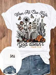 1 pieza de camiseta de verano para mujer - Camiseta cristiana para mujer - Versículo bíblico: "Donde caen las flores, Dios las hace resucitar" (Salmo 136:1) - Camiseta inspiradora beige con - Blanco - Ver 1
