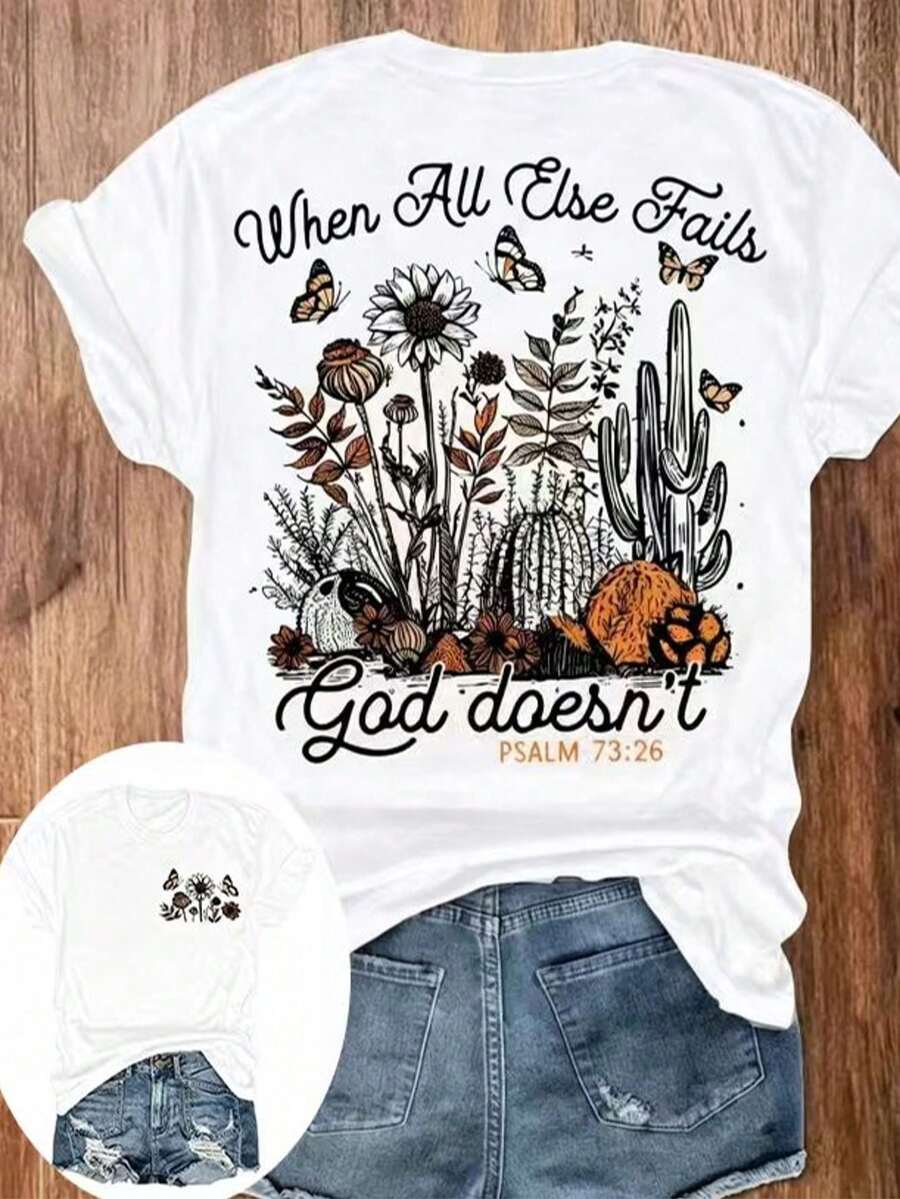 1 pieza de camiseta de verano para mujer - Camiseta cristiana para mujer - Versículo bíblico: "Donde caen las flores, Dios las hace resucitar" (Salmo 136:1) - Camiseta inspiradora beige con - Blanco - Ver 1