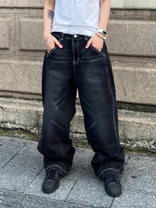 Men's Pocket Versatile Daily Casual Curved Leg Wide Leg Jeans - Black - View 5