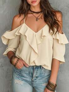 Casual Summer Blouse In A Solid Color With Off-The-Shoulder Detailing And Ruffled Short Sleeves - Apricot - View 1
