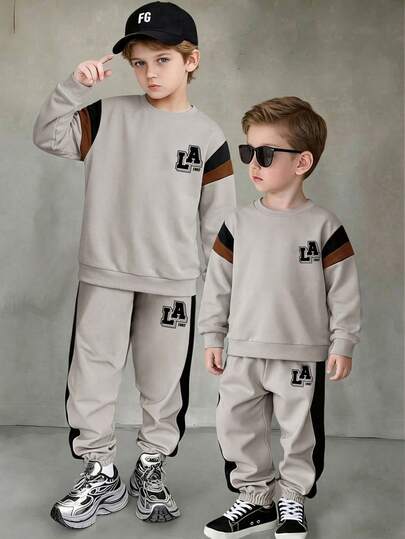 Tween Boy Letter Print Crew Neck Long Sleeve Top And Sweatpants