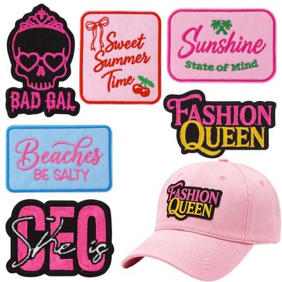 WENSIDUO 3pcs Y2K Pink Letter Embroidery Iron On Patches, Hot Melt Glue Back Sewable Fabric Applique, Summer Skull Cherry Palm Inspirational Word Decorative Patches For Caps Hats Jeans Jackets Backpacks Clothing DIY Accessories