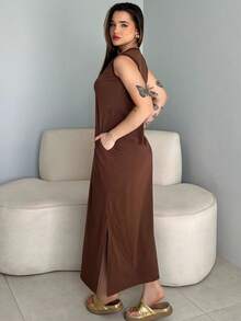 Basic Long Dress Casual Elegant Side Opening Pocket 100% Premium Cotton - 深棕色 - 查看 4