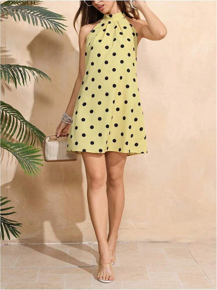 - Vestido corto sin mangas con estampado floral para mujer, cuello halter, línea A - rosado y anaranjado - Añade 7