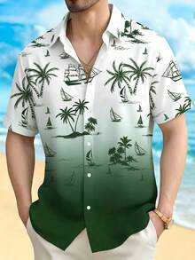 Men's Gradient Color Nautical Print Button-Down Short Sleeve Shirt Open Front Top - Green - View 2