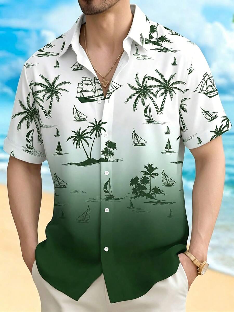 Men's Gradient Color Nautical Print Button-Down Short Sleeve Shirt Open Front Top