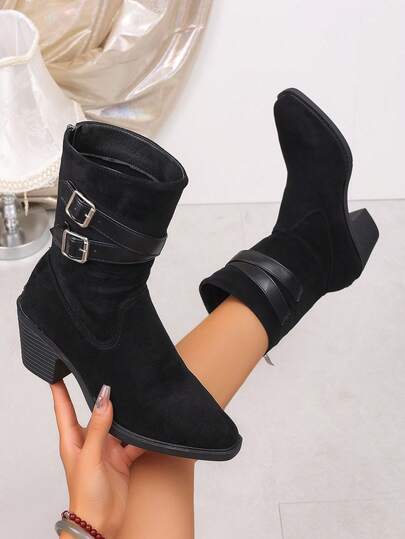 Women's Vintage Faux Suede Denim Ankle Boots, Double Metal Buckle Decor Belt Back Zipper Chunky Heel Mid-Calf Boots