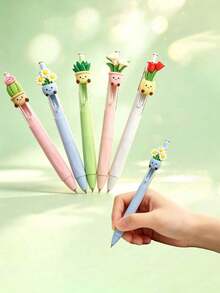 5pcs Creative Plant Shaped Neutral Pens, Random Cute Potted Plant Design Neutral Pens, 0.5mm Quick-Dry Black Ink Ballpoint Pens, First Day Of School - Multicolor - View 2