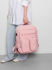 Mochila casual de uso diario con bloques de color y múltiples bolsillos de nylon para mujer, adecuada para la escuela, viajes y trabajo (Mochila de vuelta a la escuela) - Rosa - Ver 6