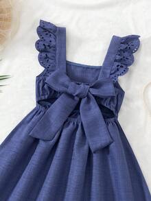 BASUSARRI Burnout Hollow Out Small Flutter Sleeve Square Neck Dress Back Detachable Bow Hem Hollow Out Straight Dress Versatile Elegant Lady Style Girls Dress - Navy Blue - View 6