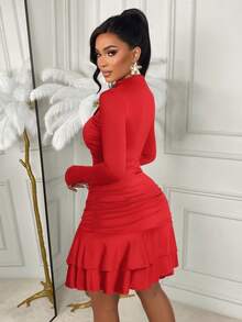 AIJ Women's Elegant Long Sleeve Short Dress, Mock Neck Waist Hollow Out Ruched Double Layer Ruffle Hem Short Dress, Red Autumn Holiday Night Out Party Dress - True Red - View 3