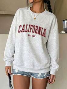 Women's California Print Crew Neck Sweatshirt, Loose Fit Drop Shoulder Top For Autumn - Flower Gray - View 1
