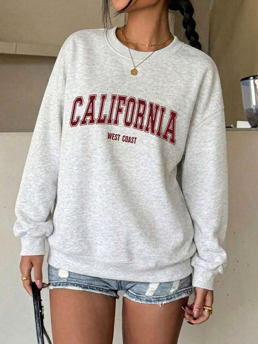 Women's California Print Crew Neck Sweatshirt, Loose Fit Drop Shoulder Top For Autumn - Flower Gray - View 1