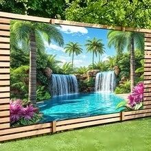 1pc Tropical Coconut Grove Waterfall Water Scene Backdrop, Double Layered Mountain Spring Emerald Pond Palm Tree Pattern, Suitable For Summer Party, Indoor/Outdoor Background Decoration, Room, Garden And Summer Celebration - A - View 6