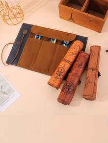 Vintage World Map Scroll Pencil Case, Vintage Compass Print PU Leather Pencil Pouch, Large Capacity Portable Stationery Storage Bag, Suitable For Students, School, Back To School, Office Desk Decor, Travel Gift - W - View 5