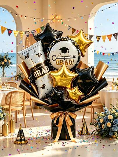 Juego de 9 globos de papel de aluminio con tema de temporada de graduación, incluye globo con forma de diploma, globo redondo con estampado de birrete de graduación, globos de estrella de papel de aluminio negro y dorado, adecuado para fiesta de graduación, banquete de agradecimiento al maestro, ceremonia conmemorativa de graduación, sesión de fotos de graduación, decoración de ceremonia de graduación