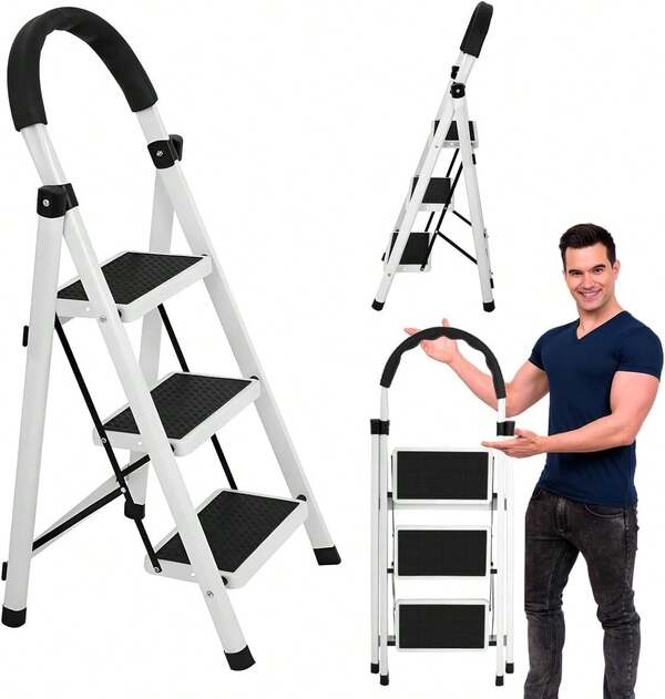Escalera De Tijera De 3 PeldañOs, Escalera Tubular, Escalera Plegable Hecha De Acero Inoxidable, Escalones Y Patas Antideslizantes, Altura Maxima 111cm Color Blanco (3 PeldañOs)