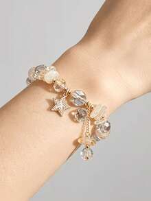 1pc Minimalist Sexy Aesthetic Fairy Style Y2K Iridescent Crystal Bracelet, Exclusive For Teenage Girls, Gold Zirconia Star Pendant With Tassel, Elastic Band, Jewelry, Suitable For Prom, Graduation Season, Music Festival, Daily Wear, Best Friend Birthday, Valentine's Day Gift - Multicolor - View 7
