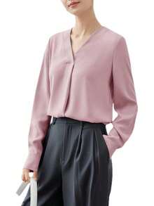 Blusa holgada formal con cuello en V y manga larga para mujer, con pliegues de negocios - azul claro - Ver 10
