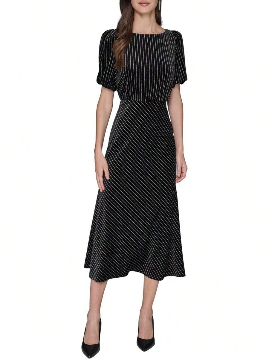 Vestido Midi de Terciopelo a Rayas Finas de Manga Corta Vestido Informal Mujer - Espresso Multi - Ver 1
