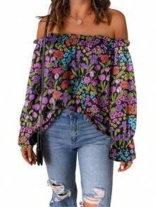 Spriolim - Blusa de gasa de manga larga con volantes y hombros descubiertos para mujer - 32 Azul Floral - Ver 12