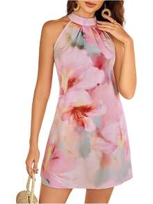 - Vestido corto sin mangas con estampado floral para mujer, cuello halter, línea A - Negro y blanco - Ver 14