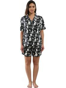 YiNi LuLu - Conjunto de pijama de satén de seda para mujer, 2 piezas, pijama de manga corta, de gran tamaño, con bolsillos - frasco de perfume - Ver 35