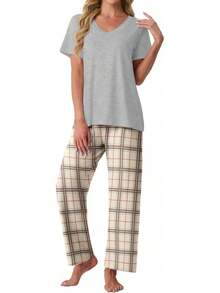 PrinStory - Conjunto de pijama suave de 2 piezas para mujer, conjunto de pijama casual de manga corta con bolsillos - Azul Cristantemo - Ver 9