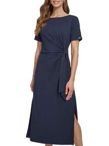 DKNY - Vestido de Manga Corta abombada hasta la Rodilla con Cierre Trasera expuesta - Verano/Verde hierba multicolor - Ver 14