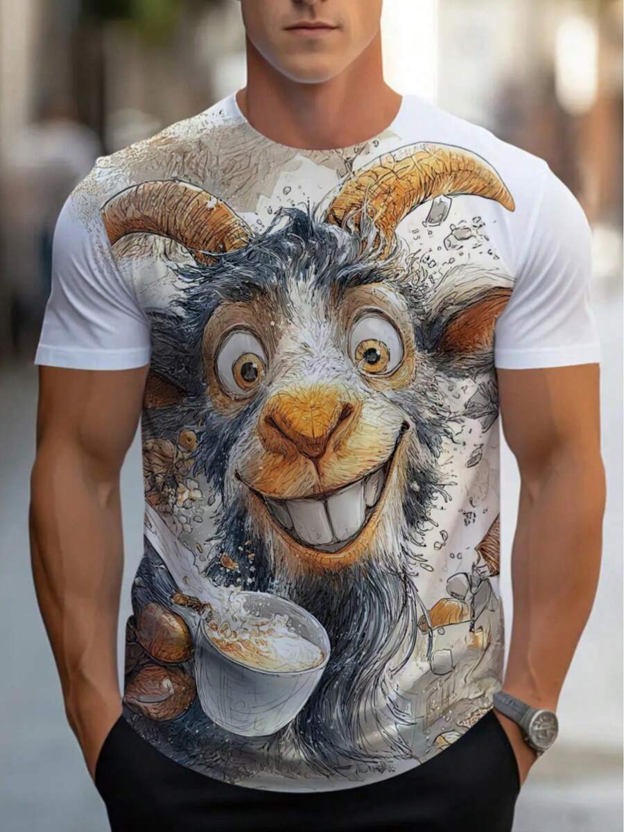 Camiseta de Hombre con Estampado 3D Rostro Cabra - Diseño Divertido Café y Capibara, Poliéster Transpirable Ligero para Looks Casuales o en Restaurantes. Cuello Redondo Confortable Ideal Pri - Negro - Ver 1
