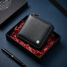 1pc Brown PU Leather Men's Zipper Around Wallet, Compact Bifold Card Holder With Metal Logo, For Daily Use - Multicolor - View 1