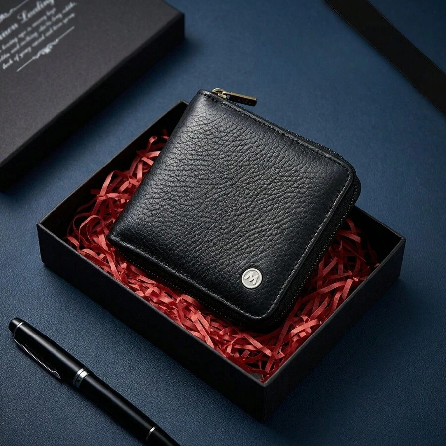 1pc Brown PU Leather Men's Zipper Around Wallet, Compact Bifold Card Holder With Metal Logo, For Daily Use - Multicolor - View 1