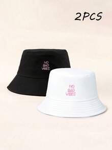 2pcs Unisex Embroidered Letter NO BAD VIBES Sun Protection Breathable New Versatile Bucket Hat Suitable For Outdoor Casual Sun Protection Wear - Black+White - View 3
