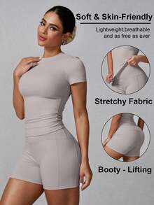 Conjunto deportivo de verano para mujer de unicolor simple con pantalón corto y manga corta - Caqui - Ver 1