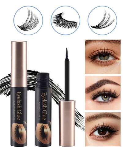 1 pieza Pegamento para pestañas negro de fijación súper fuerte de 5ml, resistente al agua y de secado rápido, suave y no irritante, sin látex, ideal para extensiones de pestañas en tiras y racimos, aspecto natural con aplicador de cepillo, suministros de pestañas DIY para ojos sensibles