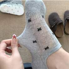 5 Pasang Kaos Kaki Wanita Model INS dengan Pita, Tipis, Anti Selip, Tidak Mudah Lepas, Berongga, Bernapas, Potongan Pendek, Model Perahu - kaus kaki perahu motif dasi kupu-kupu - View 7
