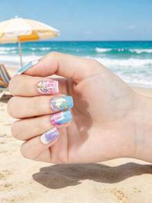 16pcs/1sheet Colorful Flower Gold Graduation Nail Stickers, Waterproof, Home DIY, Suitable For Back To School, Summer Beach, Vacation, Graduation Gift, Winter Nail Art, Full Coverage Self-Adhesive UV-Free Nail Stickers - Multicolor - View 2