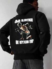 Sudadera Con Capucha De Cuello Redondo Para Hombre Con Estampado De Calacas chidas QUE REPETICION ERA, Bolsillo Canguro Y Cordón, Manga Larga, Suelta Y Casual, Ideal Para Regalar Como Ropa - Negro - Ver 1