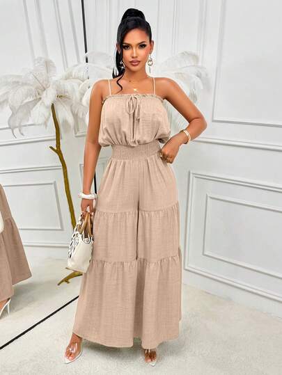 AIJ Amarilo Elegant Ruched Ruffle Jumpsuit - Women's Summer Spaghetti Strap Crop Top & Layered Wide Leg Pants, Suitable For Casual Vacation & Daily Wear