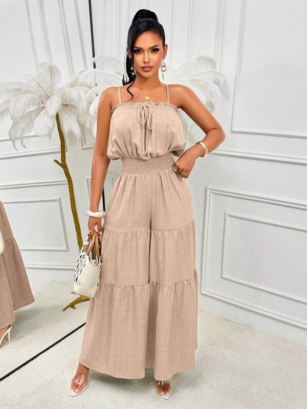 AIJ Amarilo Elegant Ruched Ruffle Jumpsuit - Women's Summer Spaghetti Strap Crop Top & Layered Wide Leg Pants, Suitable For Casual Vacation & Daily Wear