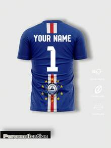 1pc Custom Cape Blue Shark Theme Football Short Sleeve Jersey, Back Name, Creating Your Own Exclusive Fan Commemorative Jersey. Summer, For Men Sports - Blue - View 3