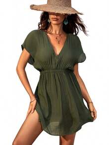 - Vestido corto de playa con cuello en V a rayas y cintura elástica para mujer - verde salvia - Ver 16