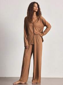 Ocili Conjunto de ropa de estar en casa minimalista y cómodo para mujer, con cuello en V holgado, ropa de invierno - Verde oscuro - Ver 11