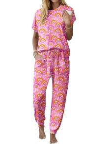 Conjunto de Pijama Capri para Mujer , Ropa de Dormir de Manga Corta, 2 Piezas, Cuello Redondo, Pijama Suave con Bolsillos - Flores marrones, negro - Ver 11