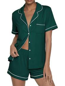 - Conjunto de pijama de verano con botones, 2 piezas, de manga corta, para dormir, S-XXL - Verde claro - Ver 16
