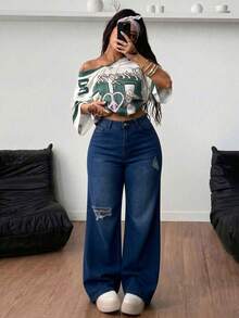 Pantalones rectos de mezclilla azul claro lavados con roturas, cintura media, elásticos y con caída elegante - Azul lavado medio - Ver 3