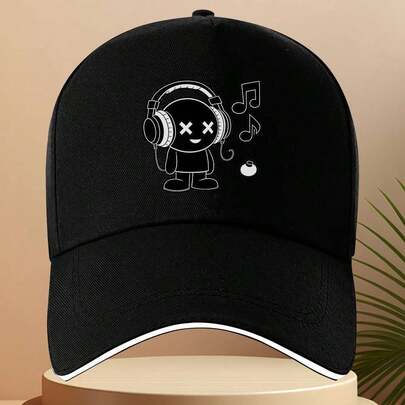 1pc Baseball Cap With Headphones Graphic - Adjustable Strap, Lightweight Sport Hat Men, Gym, Running, Travel - Couple-Friendly Design In Black/White Music Lovers & Casual Attire