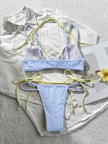 女款比基尼泳衣復古圖案波點條紋休閒時尚套裝，適合度假、肯塔基德比、海邊夏季泳裝 - 天藍色 - 查看 5